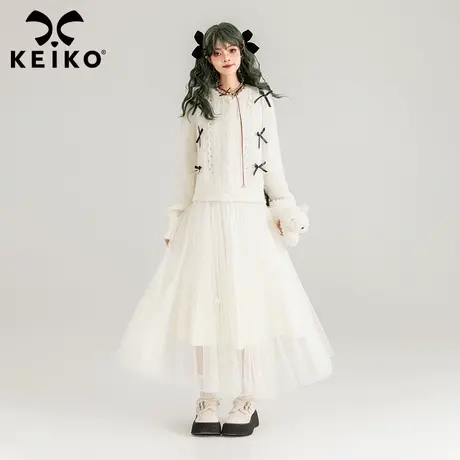 KEIKO 蝴蝶结饰白色绒感针织开衫薄款2024春季镂空珍珠扣毛衣外套图片