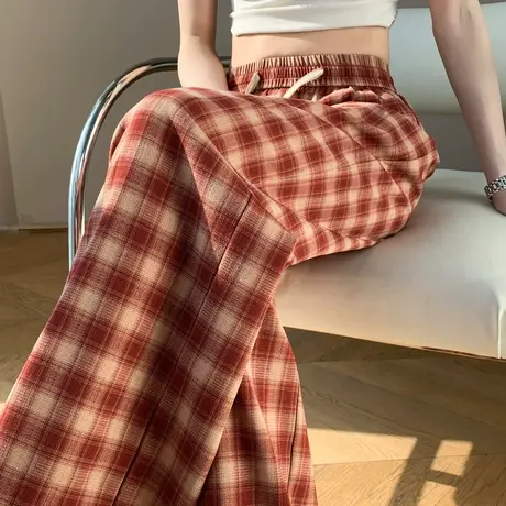 2024年春季新款红色格子裤女直筒裤宽松高腰休闲裤垂感阔腿裤长裤商品大图