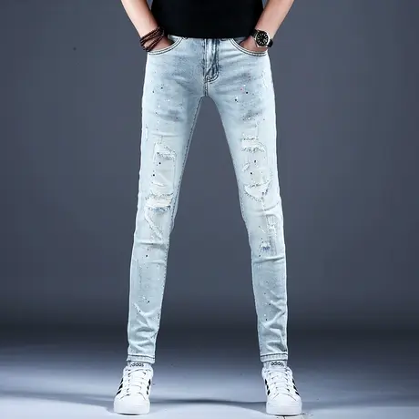 新款男士牛仔裤男款时尚修身喷漆破洞小脚裤子男棉弹2024四季男裤商品大图
