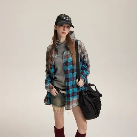 美式复古渐变色格子衬衫女2024春季新款设计感衬衣情侣装宽松上衣图片