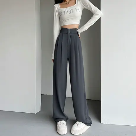 西装裤女春秋2024新款高腰垂感直筒休闲灰色小个子拖地阔腿裤子潮商品大图