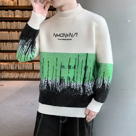 条纹毛衣男士宽松秋季新款毛线衣潮流休闲撞色半高领打底针织衫男商品大图