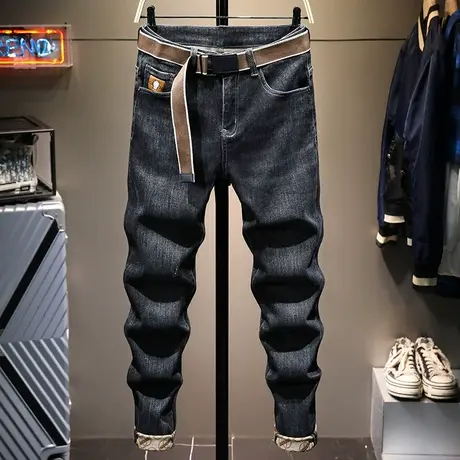 秋冬款加厚时尚潮牌高档男士牛仔裤修身小脚显瘦百搭印花长裤子男商品大图