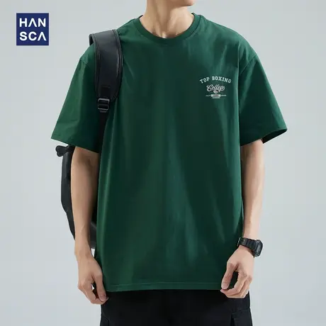 hansca 美式复古印花短袖t恤男夏季260g重磅三本针墨绿色大码上衣商品大图
