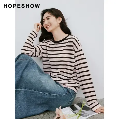 红袖春季2024新款女装 条纹圆领套头一手长针织衫90124060105图片