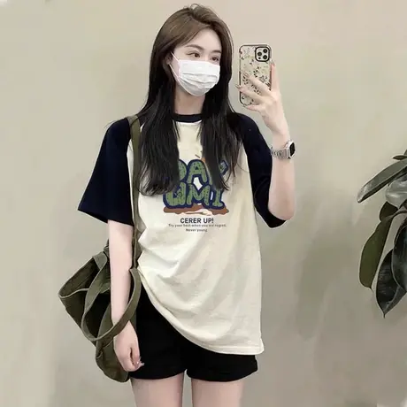 胖潮牌夏季女装恤大码情侣装纯棉撞色插肩中长款宽松大版短袖上衣商品大图