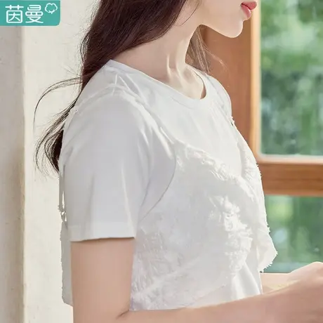 茵曼冰氧吧凉感短袖T恤女2024年夏季新款设计感假两件吊带白上衣图片