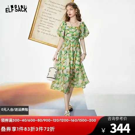 妖精的口袋泡泡袖法式连衣裙女2023夏季新款印花高腰a字气质裙子商品大图