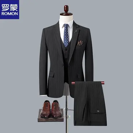 罗蒙条纹西服套装男士韩版修身西装职业正装伴郎服装新郎结婚礼服图片