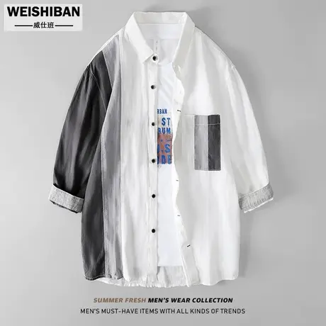 高级感拼接撞色七分袖亚麻衬衫男夏季日系复古全麻料休闲宽松衬衣商品大图