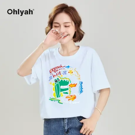Ohlyah超火时尚卡通潮牌宽松太阳笑脸T恤女情侣装学生闺蜜装上衣图片