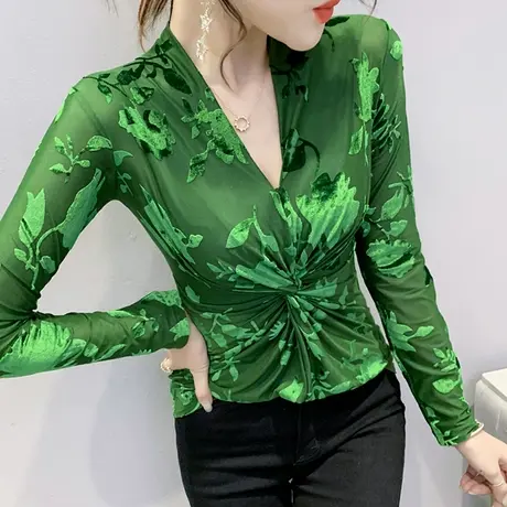 春秋女装2023新款潮性感V领交叉T恤网纱上衣紧身打底衫女长袖加绒商品大图