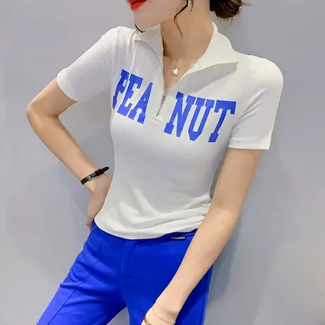 时尚拉链翻领T恤女短袖夏季2023新款设计感小众修身上衣百搭小衫图片