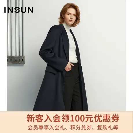 恩裳商场同款冬季修身垂感落肩双排扣设计过膝毛呢外套商品大图