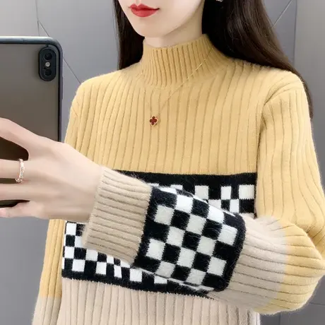 半高领格子拼色毛衣女宽松2023秋冬新款时尚百搭针织打底衫上衣女商品大图
