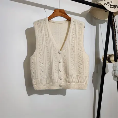 针织马甲开衫女春秋新款韩版宽松v领叠穿学院风无袖毛衣背心外套商品大图