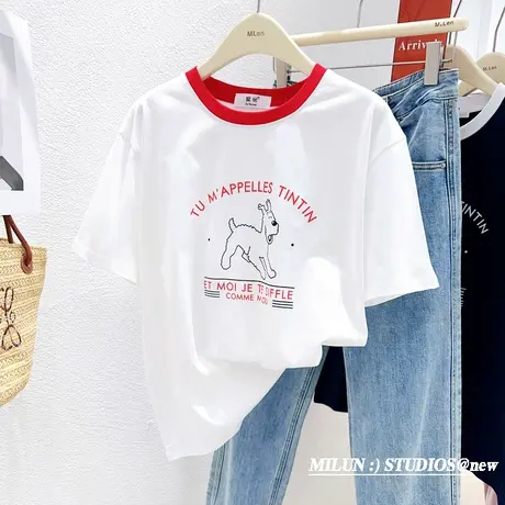 韩国东大门ins风可爱线条狗T恤2023夏款设计感复古撞色短袖上衣商品大图