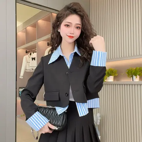 假两件西装外套女拼色春小个子拼接小香风设计感小众短款西服套装商品大图