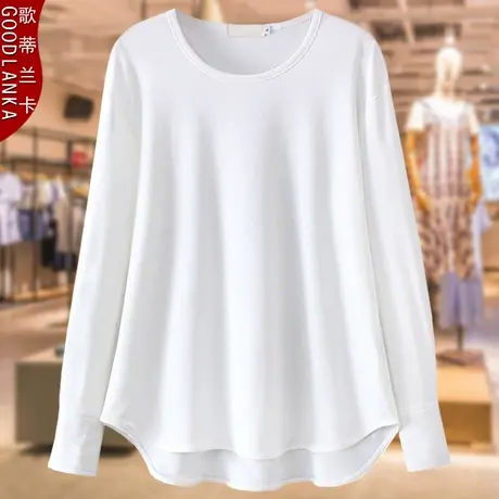 妈妈秋装新款打底衫女白色T恤洋气加肥加大码女宽松圆领长袖上衣商品大图