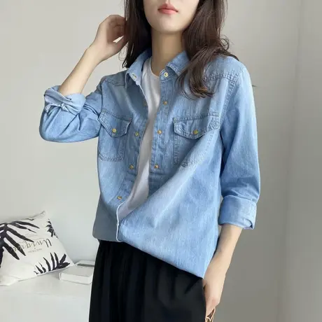 春秋季牛仔衬衫外套女装设计感小众衬衣2021新款复古叠穿长袖上衣图片