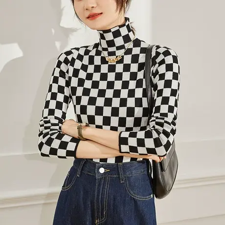 棋盘格半高领针织衫女2023秋冬新款加厚内搭毛衣爆款洋气打底上衣商品大图