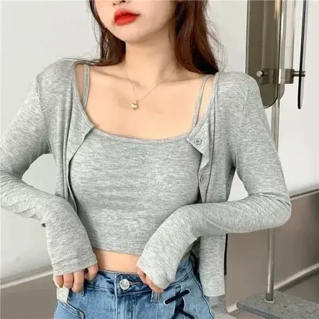 甜辣风辣妹夏装套装小吊带两件套女显瘦洋气减龄披肩开衫上衣叠穿图片