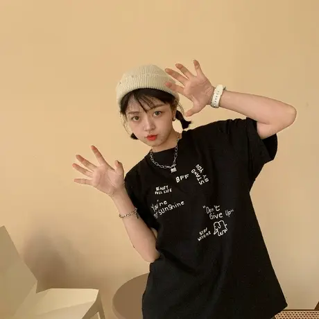 原创小众设计2023夏季新款小象圆领纯棉宽松韩版短袖半袖T恤女ins商品大图