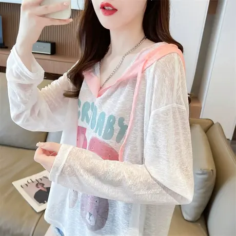 户外骑车防晒衣女夏季韩版宽松大码冰丝薄款透气拼色休闲开衫外套商品大图