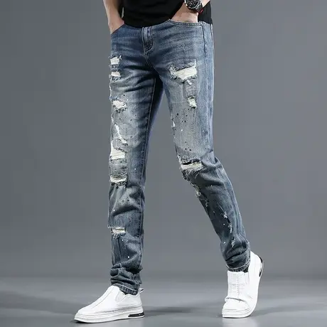 美式高街破洞牛仔裤男蓝色修身小脚弹力男士2023夏季新款潮流裤子商品大图