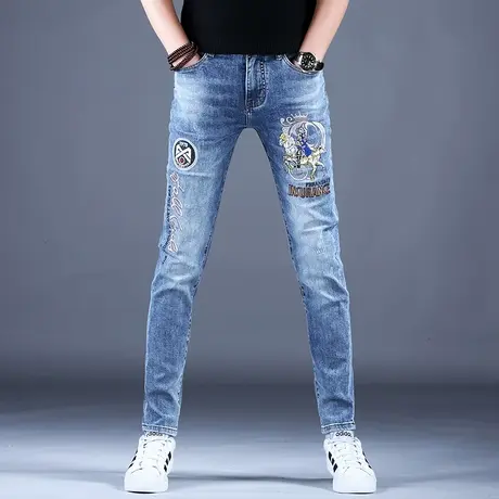 圣彬霸浅色刺绣印花牛仔裤男款春秋裤子男士休闲弹力百搭高档潮牌商品大图