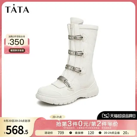 Tata他她潮酷金属扣皮靴机车靴女时尚百搭厚底中筒靴秋冬7BB64DZ2商品大图