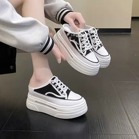 厚底内增高包头半拖鞋女新款2023年夏季外穿凉拖无后跟懒人小白鞋商品大图