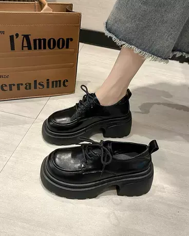 黑色粗高跟英伦风小皮鞋女2023新款夏季季百搭圆头厚底玛丽珍单鞋图片