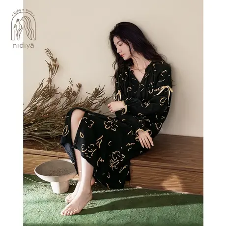妮狄娅2023睡衣睡裙女秋季纯棉纱布复古v领外穿中长裙春秋家居服商品大图