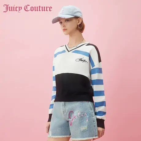 Juicy Couture橘滋春夏新款针织衫长袖V领撞色刺绣千金风女商品大图