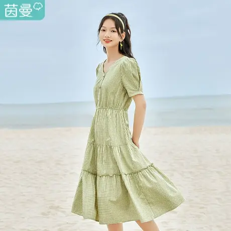 茵曼2022夏装新款V领格纹松紧收腰装饰纽扣开襟荷叶边裙摆连衣裙图片