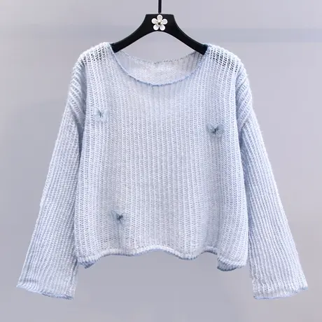 蝴蝶镂空针织衫罩衫女2023春装新款宽松慵懒风设计感长袖薄款毛衣商品大图