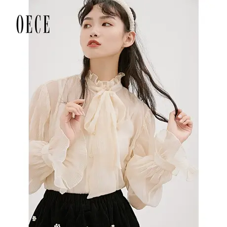 Oece甜美长袖衬衫春秋新款复古喇叭袖上衣女设计感衬衣图片