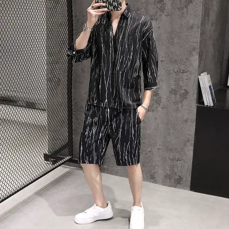 衬衫运动服套装男士夏季ins风酷潮流时尚休闲宽松衬衣两件套短裤图片