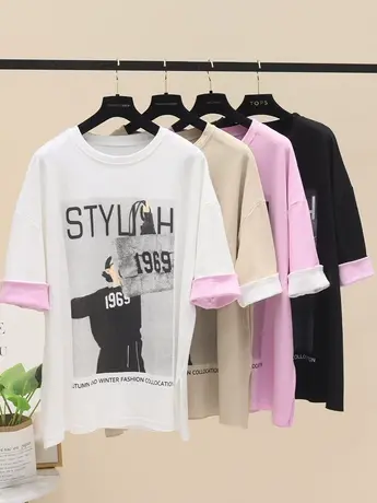 2023夏装新款欧货中长款字母印花T恤拼色袖口半袖上衣短袖t恤图片