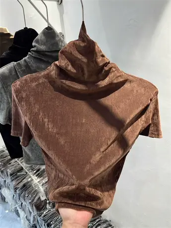 高级感丝绒垫肩针织衫短款高领小衫女2023早秋新款短袖修身打底衫商品大图