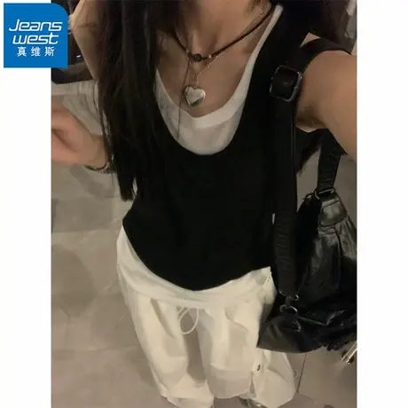 NR真维斯2025新款夏季黑色假两件背心甜酷小吊带修身无袖T恤女款图片