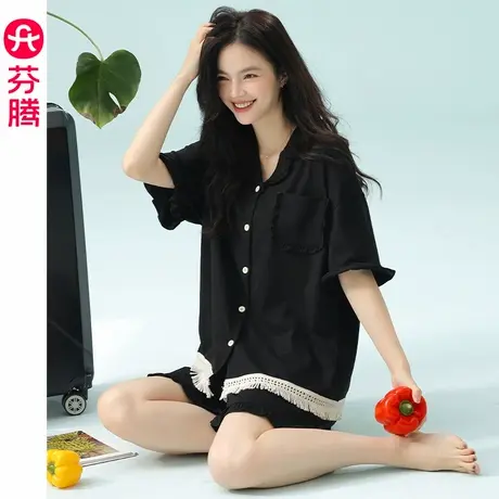 芬腾纯棉睡衣女士夏季薄款短袖短裤大码女款可外穿开衫家居服套装商品大图