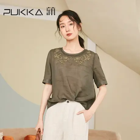 Pukka蒲牌商场同款女装苎麻T恤2022夏季新款时尚绣花短袖上衣女图片