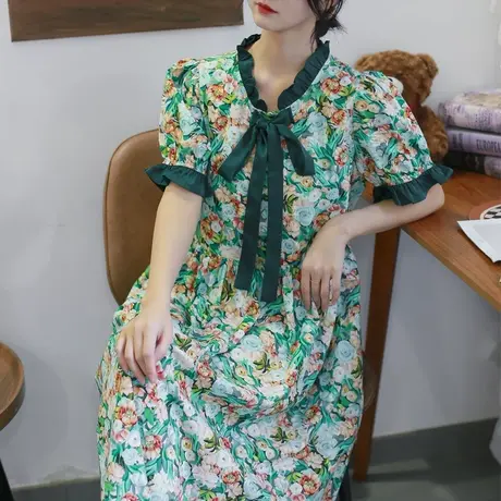 胖妹妹2025繁花连衣裙夏大码全棉印花撞色长裙商品大图