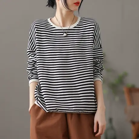 dza 文艺复古黑白条纹卫衣女士2022新款春季短款百搭长袖圆领上衣图片