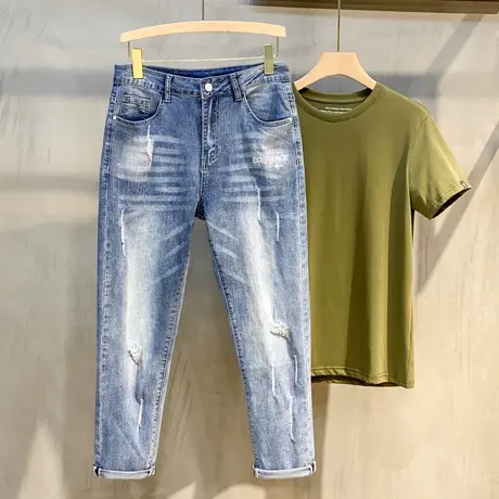 潮牌休闲牛仔裤男春夏季破洞浅色长裤子韩版修身小脚潮薄款九分裤图片