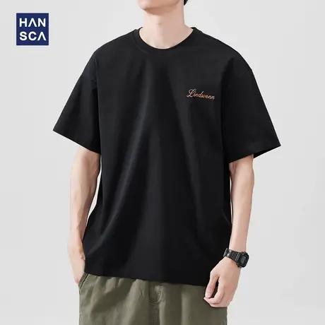 hansca 250g重磅短袖t恤男2025夏季新款宽松潮流印花黑色休闲上衣商品大图