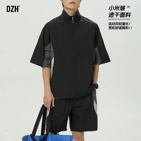 男士黑色运动速干套装男夏季宽松上衣短袖短裤两件套2025新款男装图片