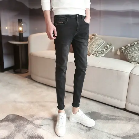2023秋冬新款黑色拼皮纯色牛仔裤男潮流刺绣小脚裤显瘦铅笔裤子商品大图
